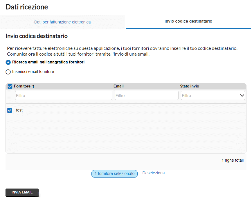 Sezione Invio codice destinatario con ricerca email fornitori e pulsante Invia email