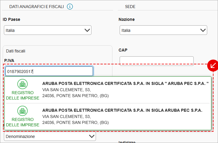 Suggerimenti Registro Imprese dopo inserimento partita IVA