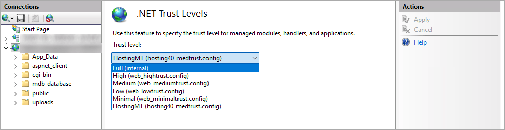 Pannello IIS con menu Trust level aperto nella sezione .NET Trust Levels