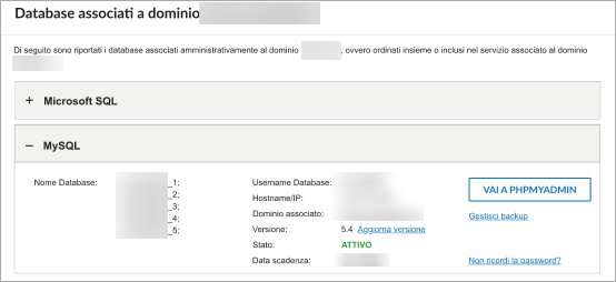 Pannello Database associati al dominio: sezione MySQL espansa con elenco database e dettagli; pulsante VAI A PHPMYADMIN.