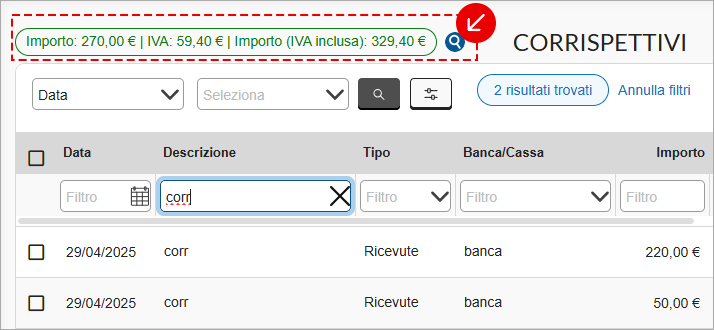 Filtro descrizione nei Corrispettivi con risultati trovati