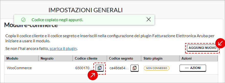 Copia codice cliente per configurare il plugin e-commerce