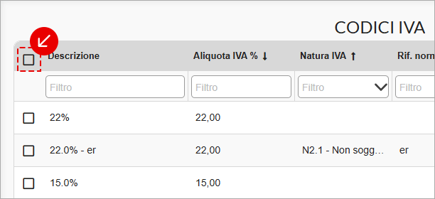 Checkbox selezione tutti nella lista Codici IVA