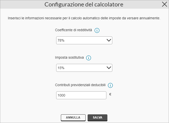 Finestra di configurazione del calcolatore con campi per coefficienti e imposte