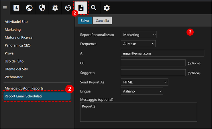 SmarterStats: sezione Report Email Schedulati con icona Report evidenziata; pulsante Salva e modulo destinatari/frequenza