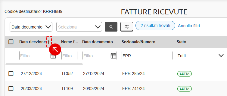 Filtro nella colonna Data ricezione per selezionare un intervallo di date nelle fatture ricevute