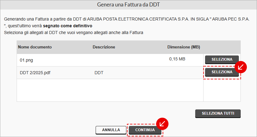 Selezione allegati del DDT da includere nella fattura