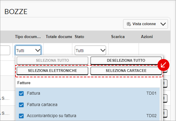 Filtro per Tipo documento nella sezione Bozze