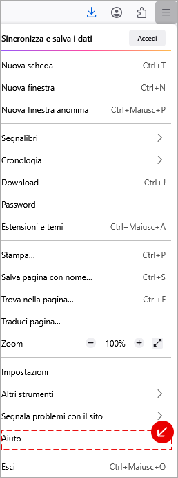 Menu di Firefox aperto con voce Aiuto evidenziata per accedere alle informazioni del browser