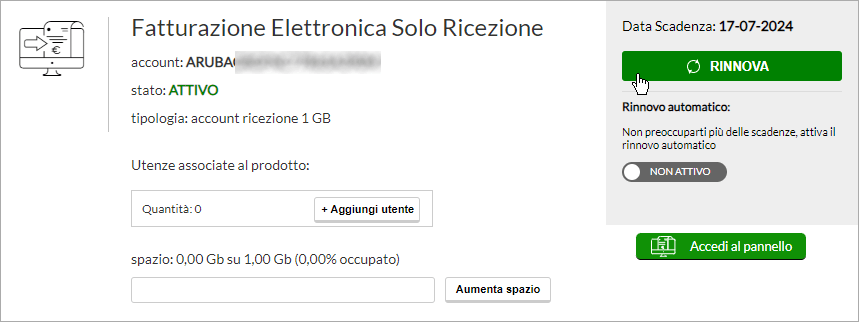 Rinnovo servizio Fatturazione Elettronica Solo Ricezione da Area clienti