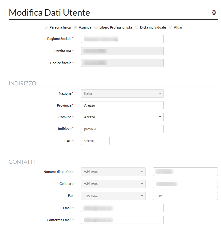 Schermata Modifica Dati Utente con campi anagrafici, indirizzo e contatti del titolare del servizio