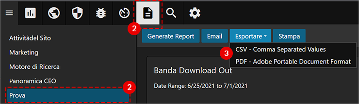 Report Prova aperto: pulsante Esportare con menu CSV o PDF; comandi Generate Report, Email, Stampa visibili.