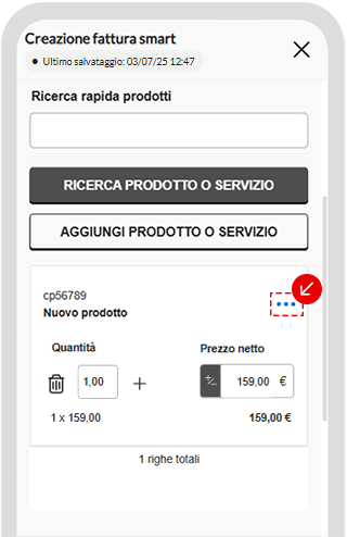 Schermata di creazione fattura smart con opzione di modifica del prodotto evidenziata