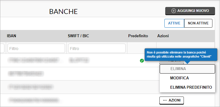 Menu Azioni banca con opzioni Modifica ed Elimina predefinito
