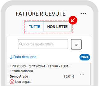 Sezione Fatture ricevute dell’app con filtro rapido tutte e non lette evidenziato