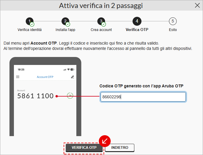 Verifica OTP: inserimento del codice generato dall’app Aruba OTP e pulsante