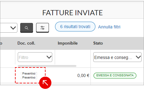 Indicazione del documento collegato nella lista delle fatture inviate