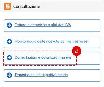Menu Consultazione AdE con voce Consultazioni e download massivi evidenziata