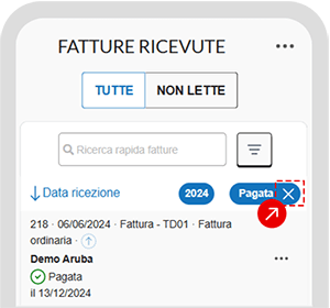 Rimozione di un filtro attivo nella sezione Fatture ricevute dell’app