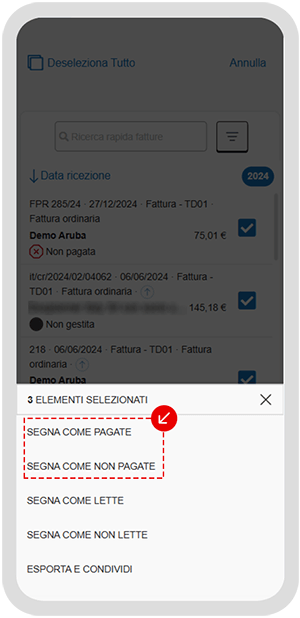Schermata dell’app con azioni di massa per segnare le fatture ricevute come pagate o non pagate