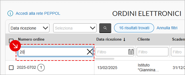 Filtro per numero ordine elettronico