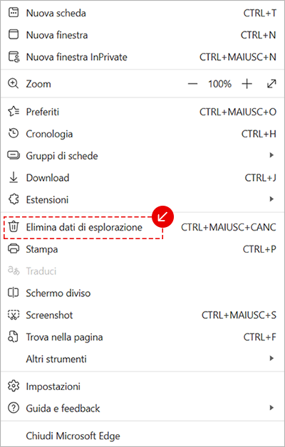 Sezione Cronologia di Microsoft Edge con icona cestino per cancellare i dati di navigazione