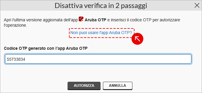 Finestra di disattivazione della verifica in 2 passaggi con inserimento del codice OTP e pulsante Autorizza