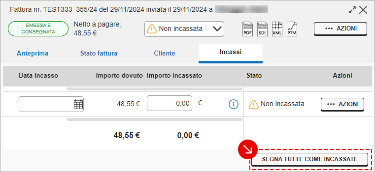 Pulsante Segna tutte come incassate