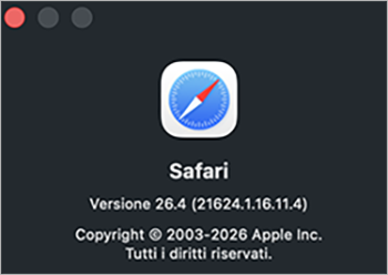 Schermata Informazioni su Safari con versione del browser e dettagli dell’app