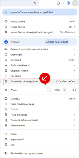 Menu di Google Chrome con voce Elimina dati di navigazione per cancellare la cronologia del browser