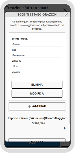 Schermata di creazione fattura smart per la gestione di sconti o maggiorazioni