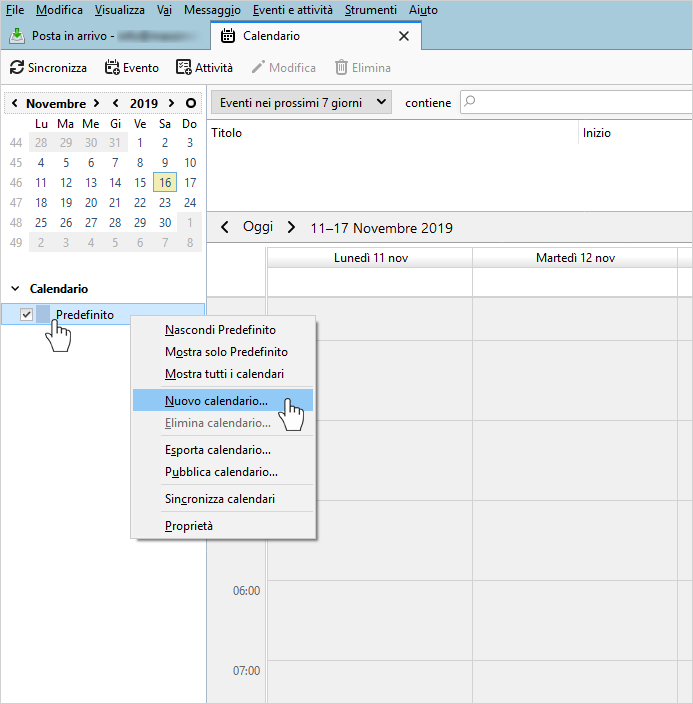 Schermata di Thunderbird con menu contestuale aperto sull’opzione Nuovo calendario dalla sezione Predefinito