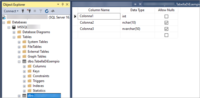 SSMS: Object Explorer e Table Designer con tabella dbo.TabellaDiEsempio (int, nchar(10), nvarchar(50), Allow Nulls).