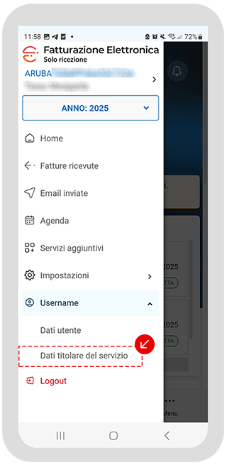 Accesso dati titolare del servizio dal menu utente
