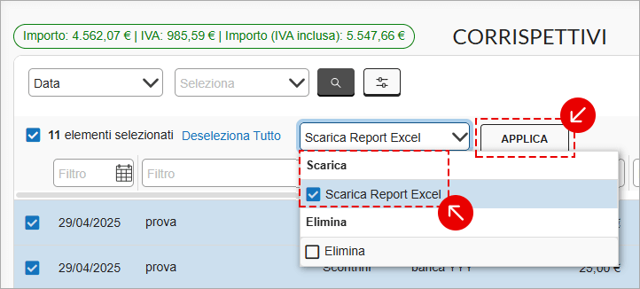 Menu azioni Corrispettivi con Scarica Report Excel e Applica