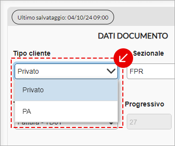 Sezione Dati documento con menu di selezione del tipo cliente evidenziato