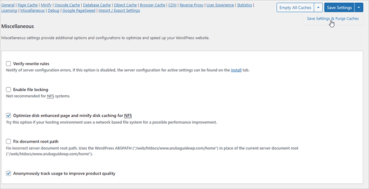 W3 Total Cache > Miscellaneous: attiva “Optimize disk… caching for NFS”; pulsante Save Settings & Purge Caches.