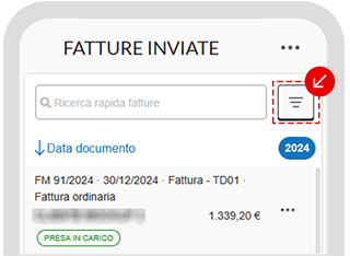 Schermata dell’app con pulsante per aprire i filtri delle fatture inviate