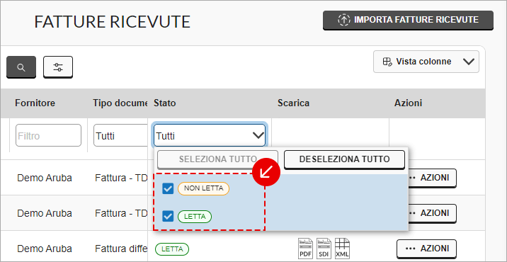Filtro Stato con opzioni Letta e Non letta nelle fatture ricevute