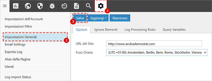 SmarterStats: Impostazioni Generali, icona Impostazioni evidenziata; Opzioni con URL Sito e Fuso Orario; pulsante Salva
