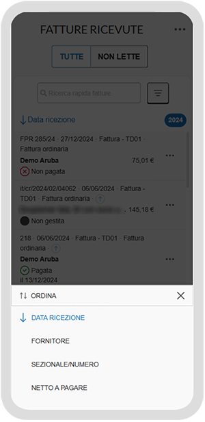 Menu Ordina nella sezione Fatture ricevute dell’app con opzioni di ordinamento