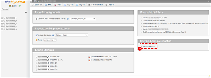 phpMyAdmin: pagina Server; pannello Servizio backup e ripristino con link Backup/ripristino evidenziato.