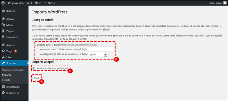 WordPress: assegna autore per i contenuti importati, attiva “Scarica e importa gli allegati” e premi Invia.