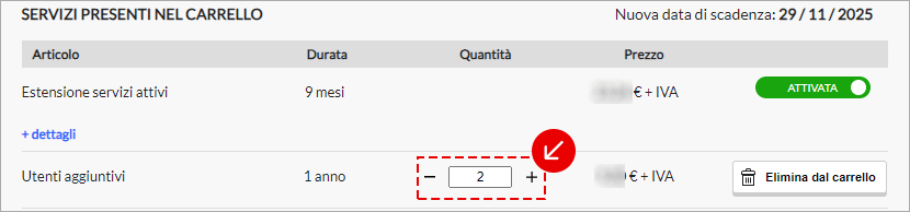 Modifica quantità servizio nel carrello
