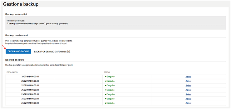 Come creare un Backup on demand per i servizi Gestiti