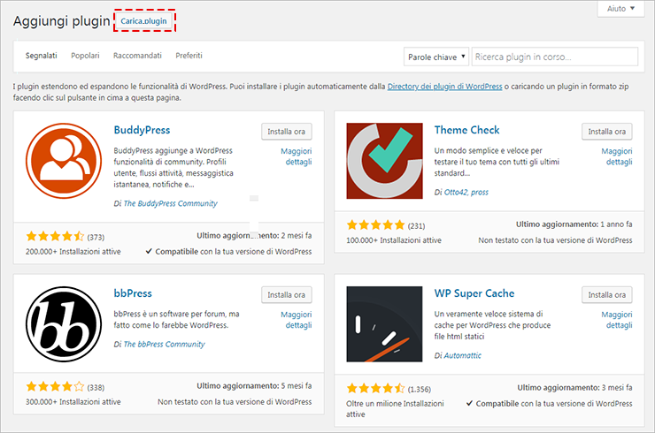 WordPress: pagina Aggiungi plugin con pulsante Carica plugin evidenziato per installare un file .zip.