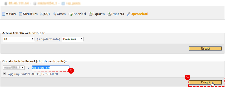 Rinomina tabella in phpMyAdmin con campo nome tabella e Esegui evidenziati