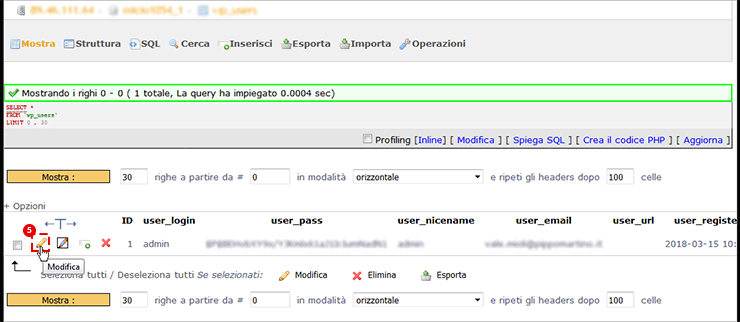 phpMyAdmin: elenco tabelle del database; puntatore su Mostra nella riga della tabella pref_users.
