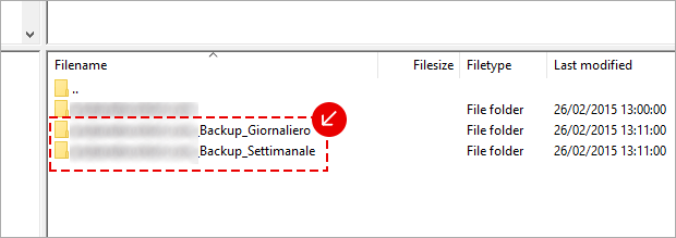 Client FTP: evidenziate le cartelle Backup_Giornaliero e Backup_Settimanale nell’elenco directory.