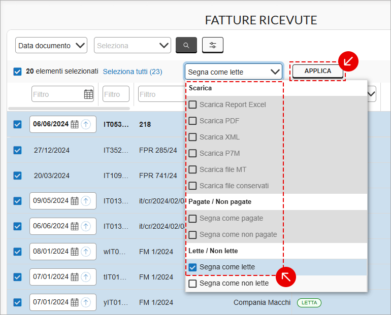 Azioni di massa nelle fatture ricevute con opzione per segnare come lette